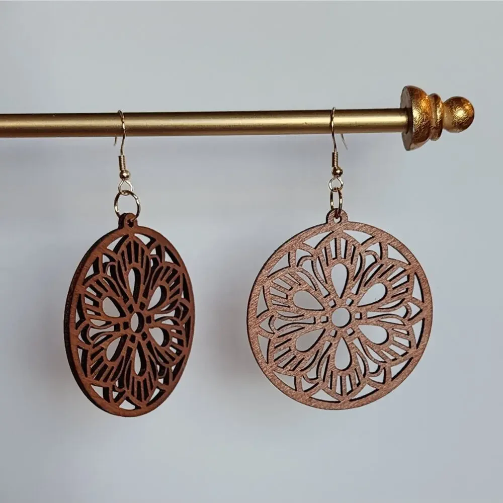 Mandala Shaped Pierced Earrings Brown Lightweight Wood Boho Hippie